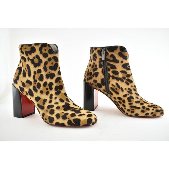 Christian Louboutin Castarika 85 Pony Leopard Black Ankle Block Heel Bootie 37.5 - Picture 3 of 11